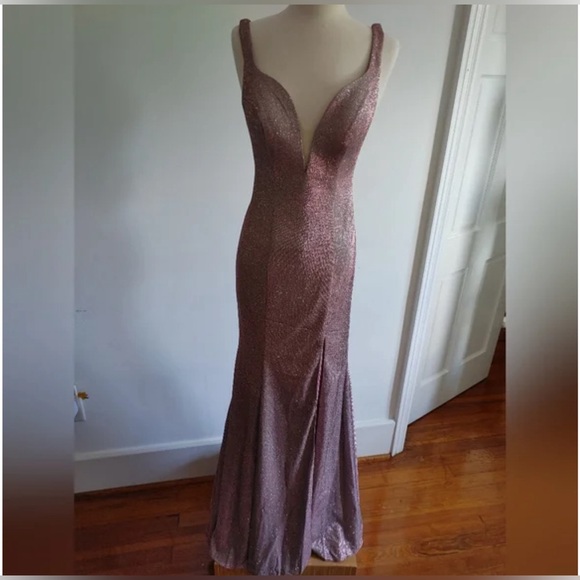 Cinderella Divine Metallic Glitter Gown with Slit - Mauve Style - KC876 - Picture 3 of 5